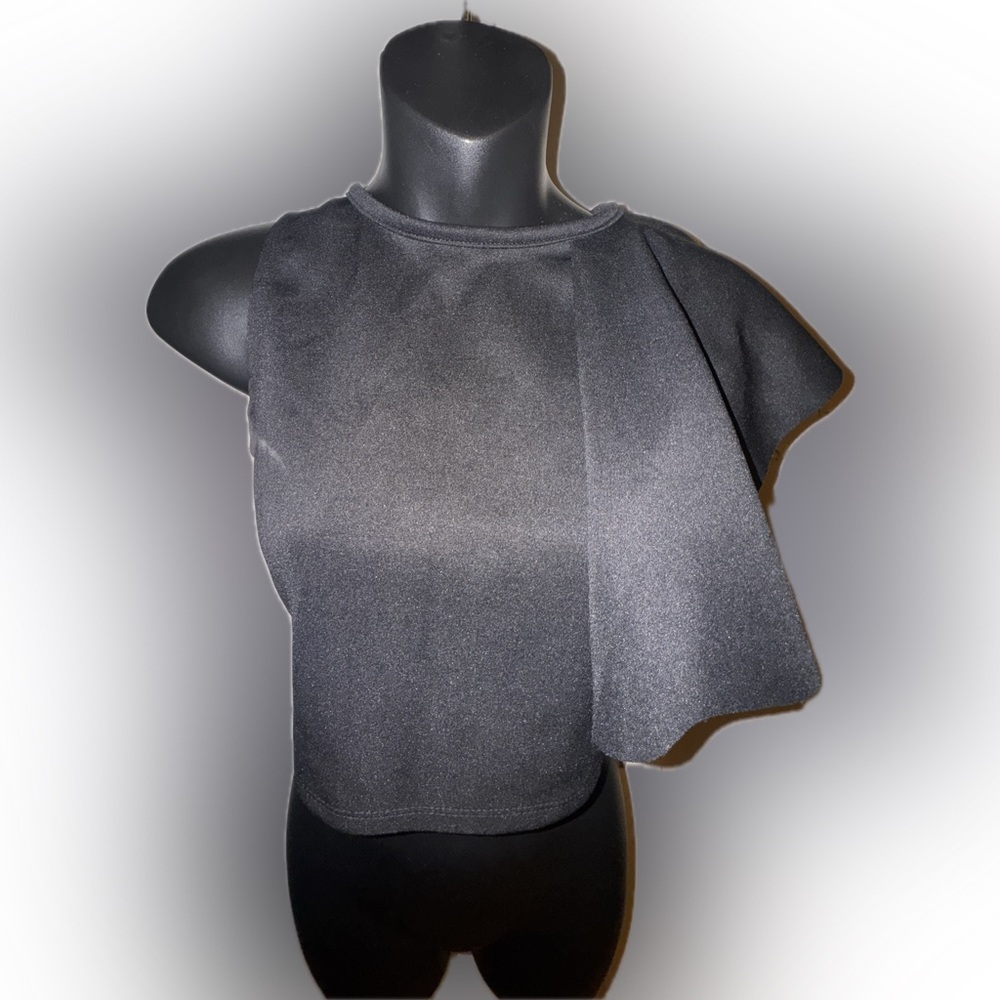 Women’s black crop top with 1 ruffle shoulder